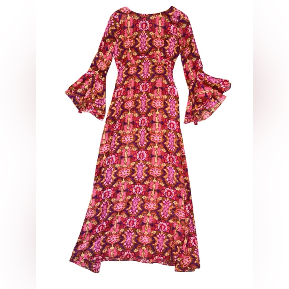 Misa Los Angeles Floral Bell Sleeve Maxi Cover Up Dress Chiffon Pink Gold XS NWT